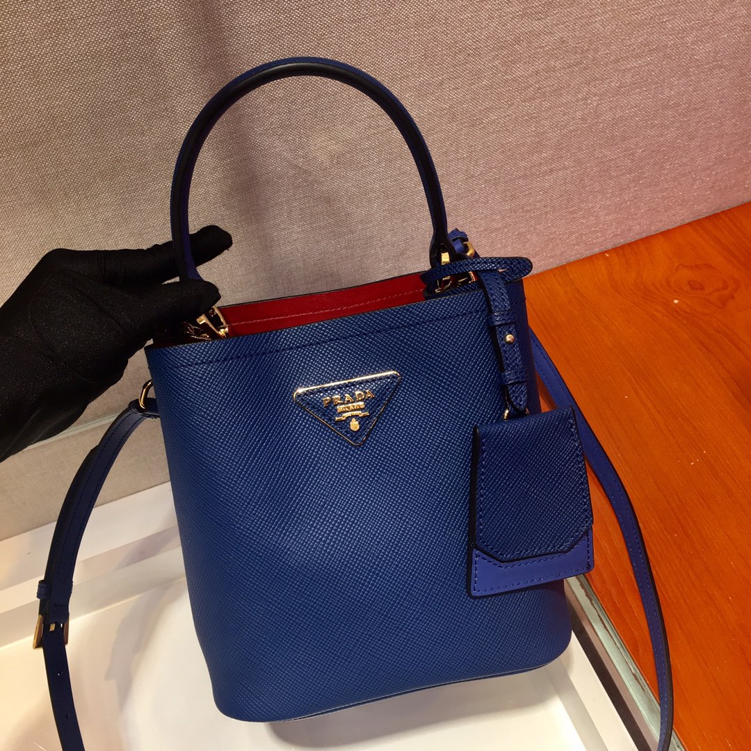 Prada Small Saffiano Leather Panier Bag Blue/Red 1BA217